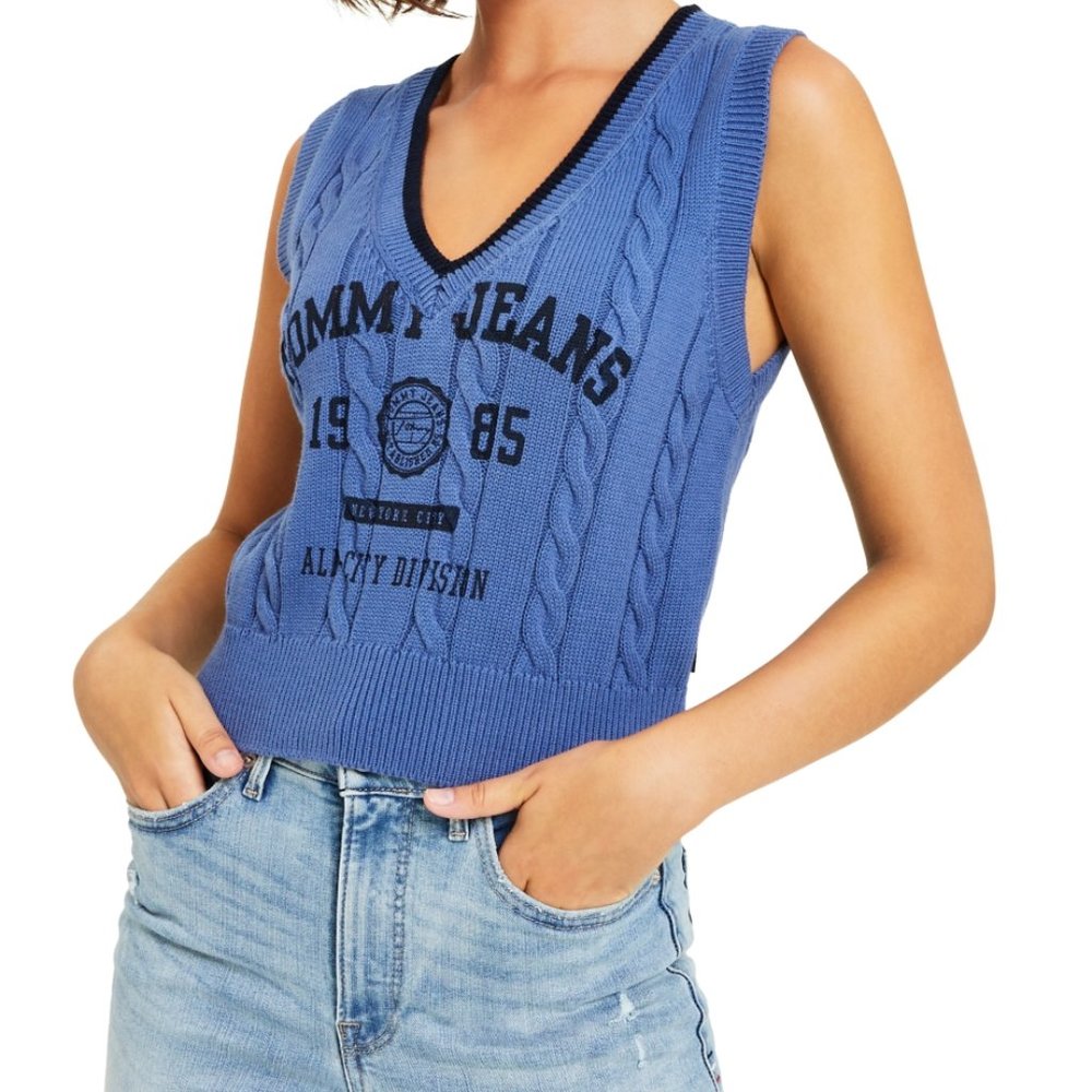 MARI - Tommy Jeans Women's Cotton Varsity Sweater Vest - Harbour/Blue Multi